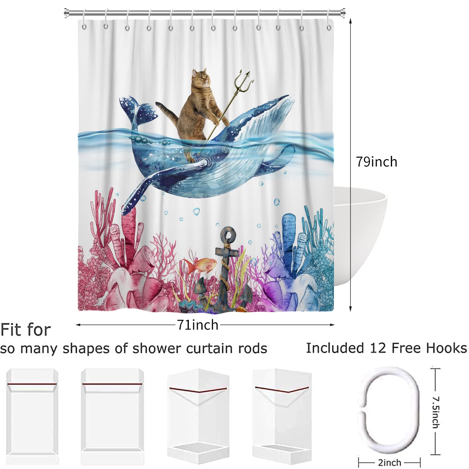 Duschvorhang Lustig - Katze Reitet Hai, 180x200 Cm, Wasserdicht, Polyester, 12 Haken, Blau