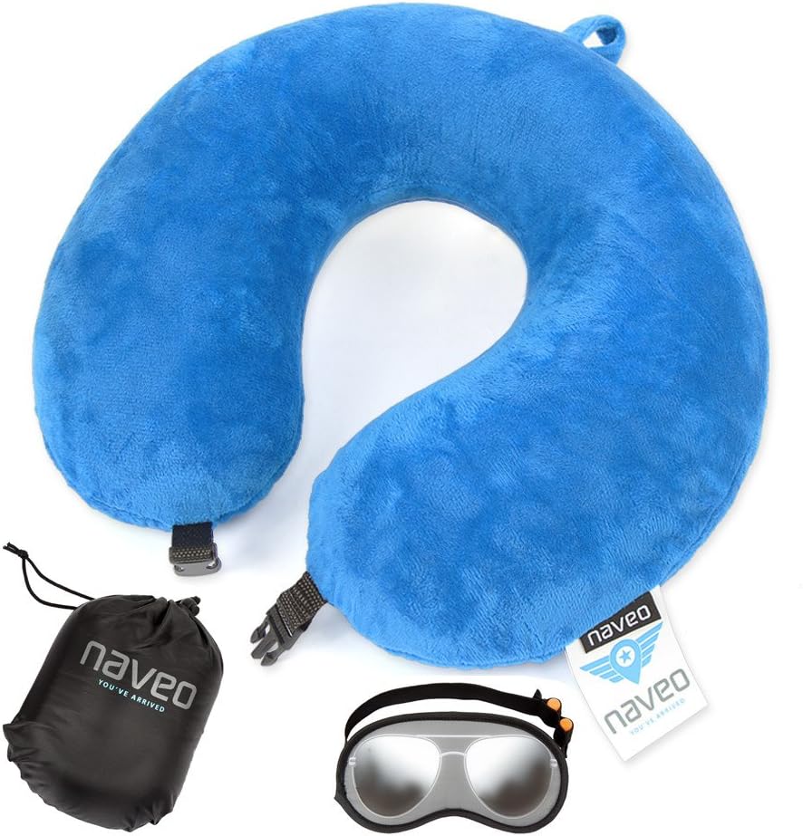 NAVEO Comfort 100% Pure Memory Foam Neck Pillow Travel Kit with Sleep Mask, Earplugs & Carrying Bag - U-Shaped Desin/Blue