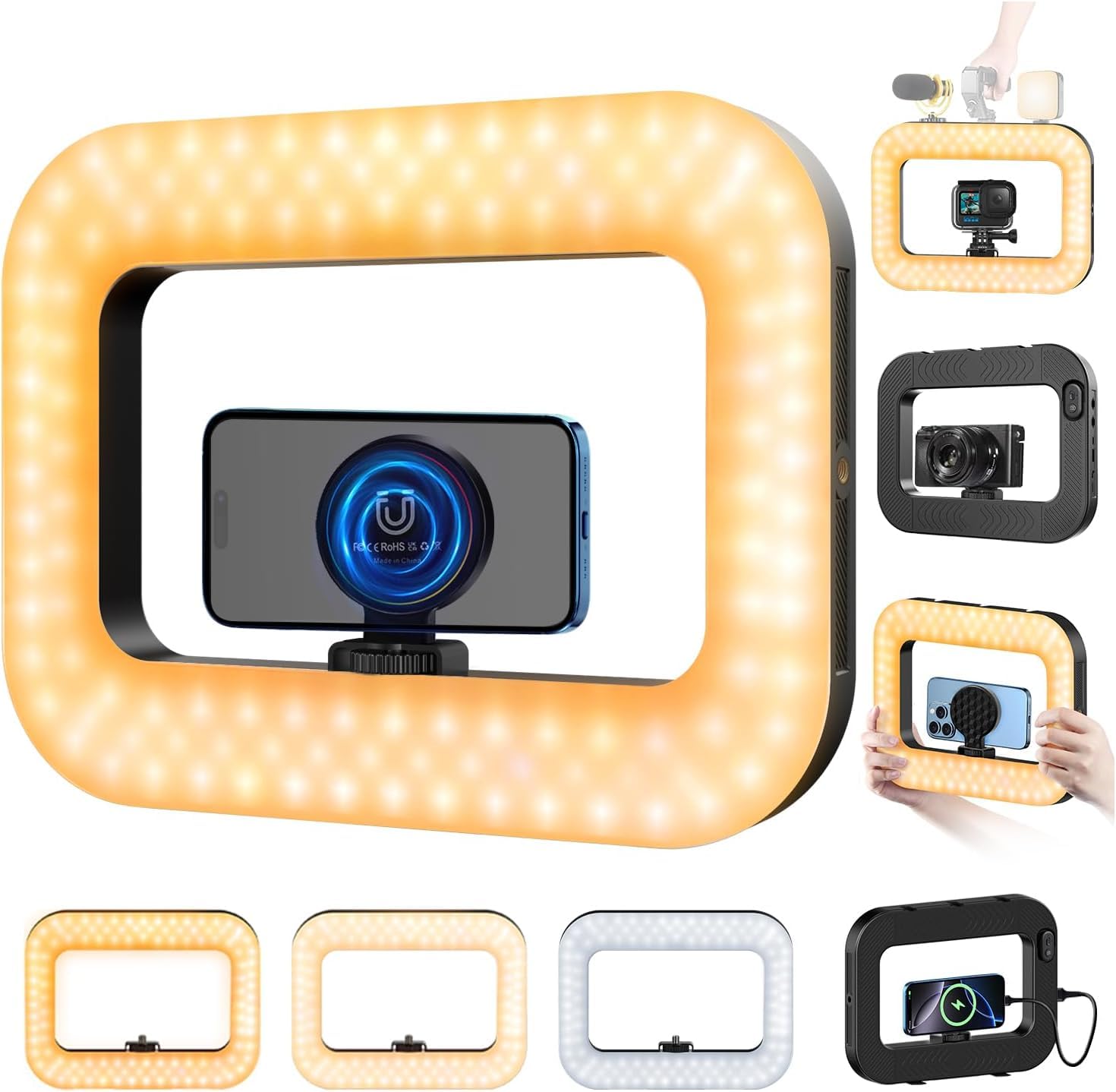 yAyusi Luce Cellulare per Video, Stabilizzatore per Telefono con Luce, Luce ad Anello LED per Selfie da 8000mAh con Supporto Telefono, Impianto Video per Smartphone/Action Cam/Vlog/TikTok (Mag)