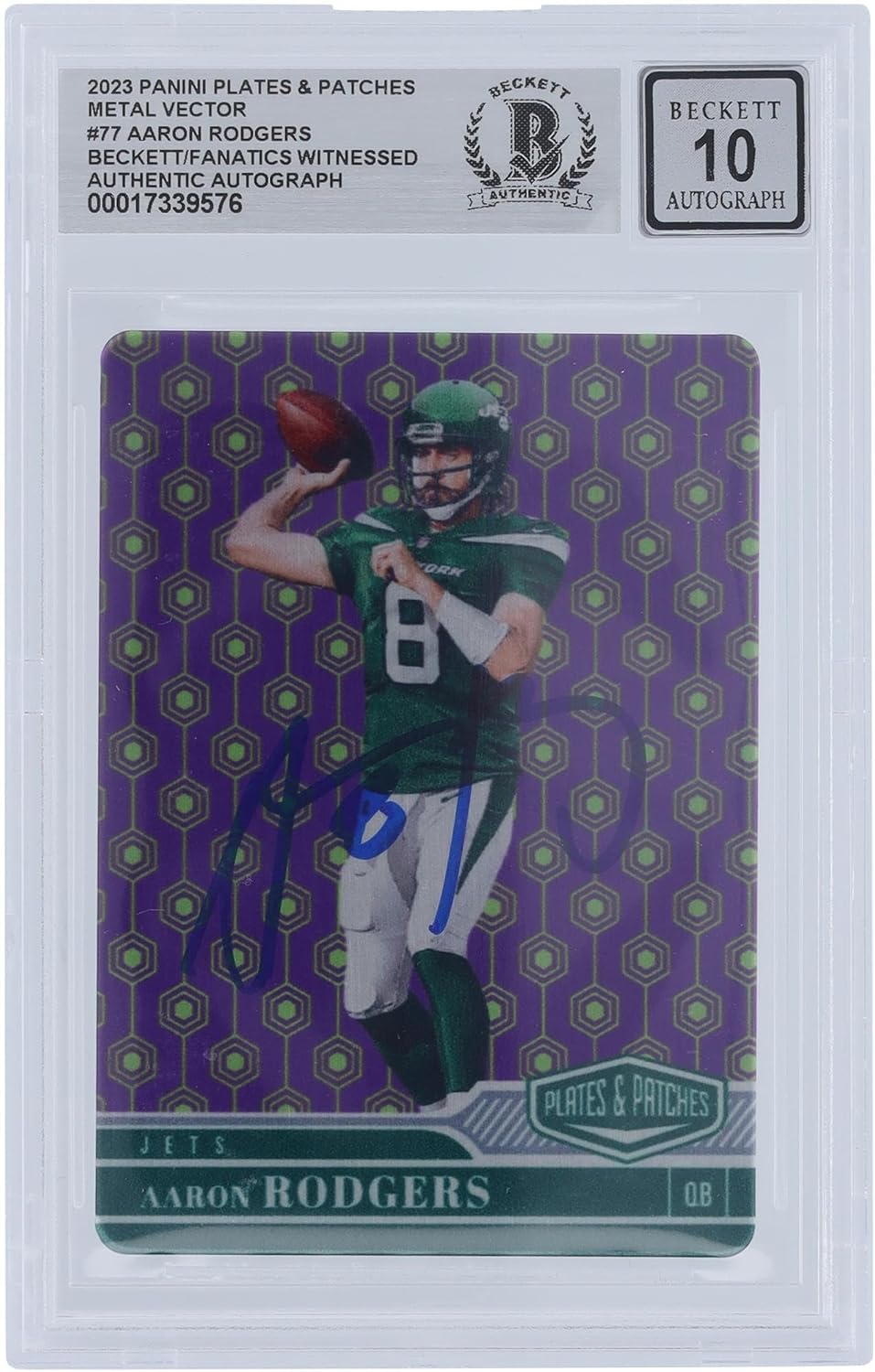 Aaron Rodgers New York Jets Autographed 2023 Panini Plates & Patches Metal Vector #77#/35 Beckett Fanatics Witnessed Authenticated 10 Card - NFL Autographed Football Cards