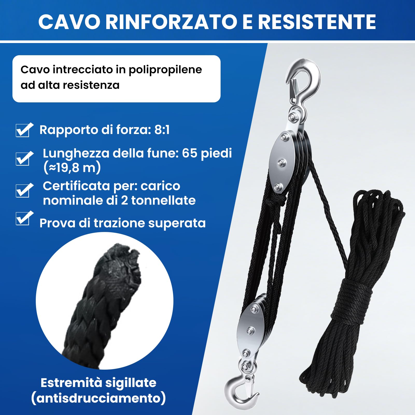Puleggia per carichi pesanti, Carrucola per Sollevamento con polipropilene Corda da 20m, 8:1 rapporto di forza di sollevamento, capacità di carico di 4400 libbre, per garage magazzini