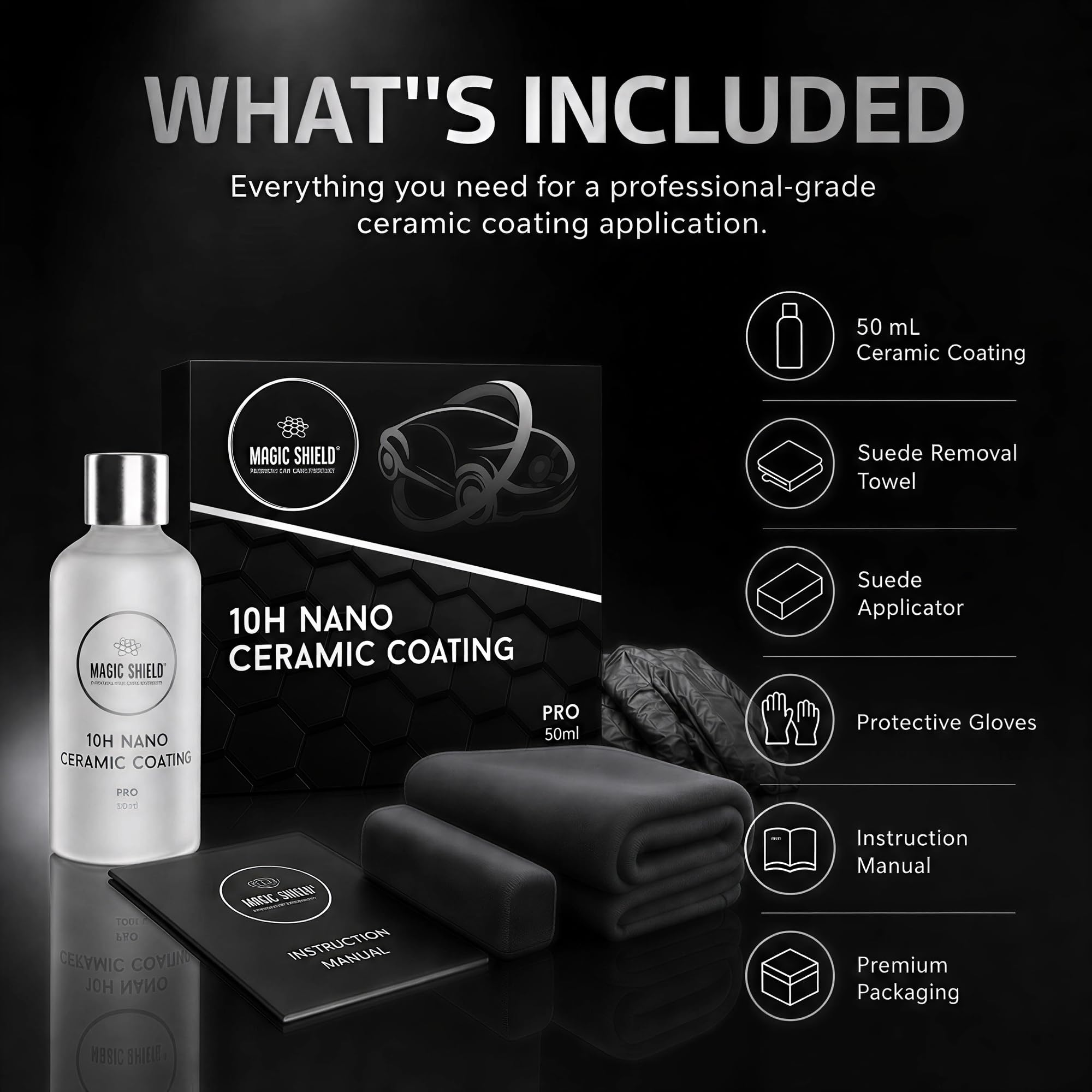 Magic Shield Revestimiento cerámico PRO 10H - Autocuración | Larga duración para más de 2 coches | Protección avanzada de SiO2 | Fácil aplicación | Brillo similar al caramelo | Perfecto para coches,