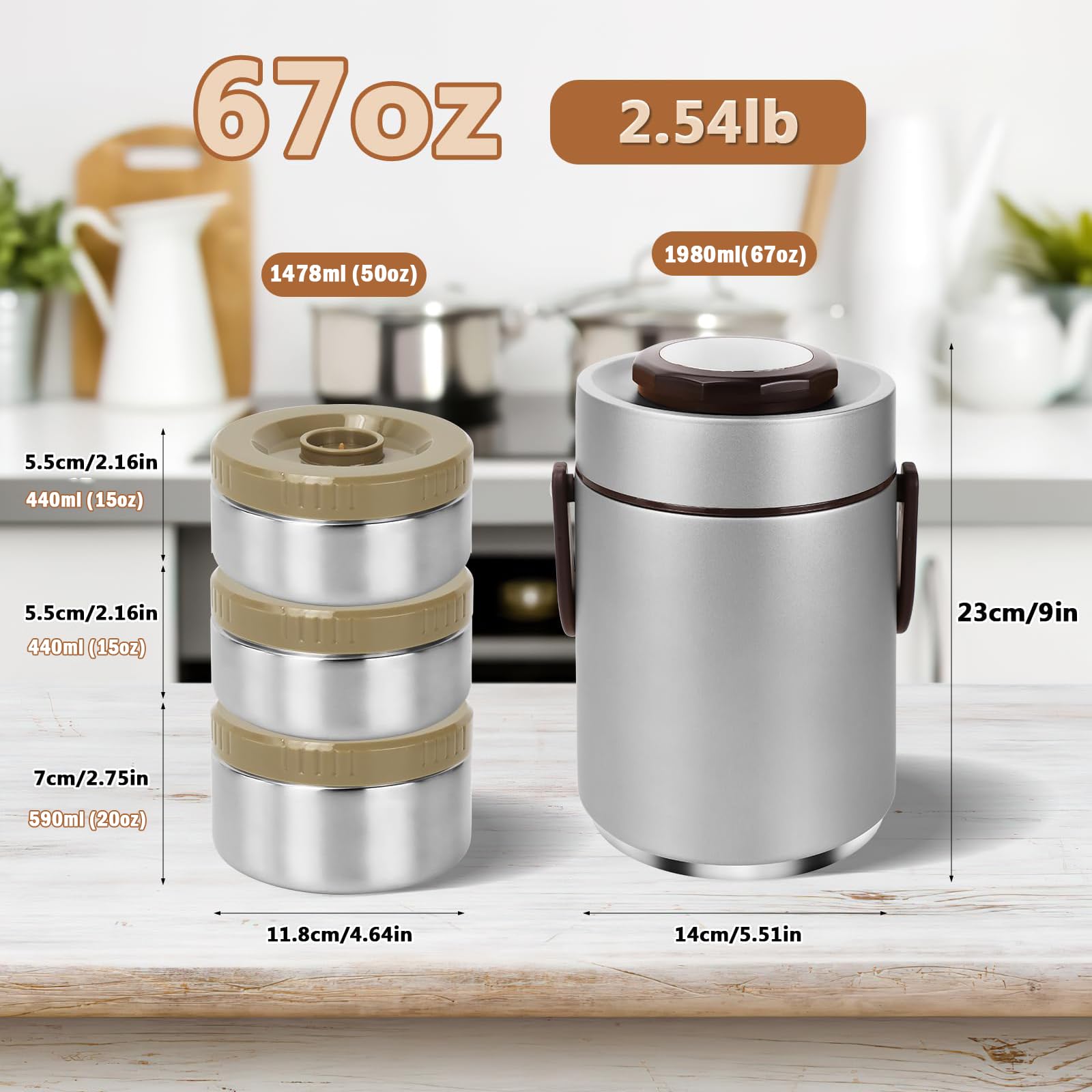 Thermobehälter Essen 2L/67oz Edelstahl Warmhaltebehälter 3-lagige Isolierbehälter für Speisen, Auslaufsicherer Speisewärmer mit Tragetasche für Erwachsene & Unterwegs, Silber