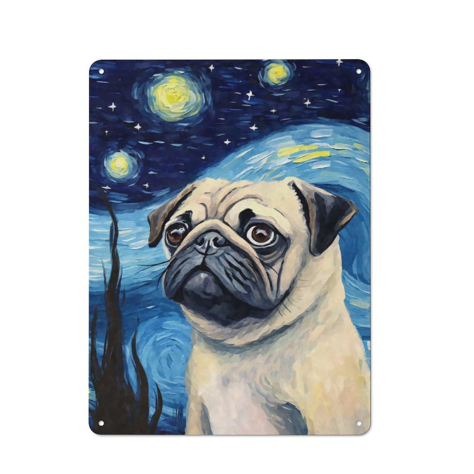 Industrial Pug Dog Starry Night Retro Metal Sign 40x30cm, Shed Wall Plaque for Garage, Workshop, Shed Or Utility Room