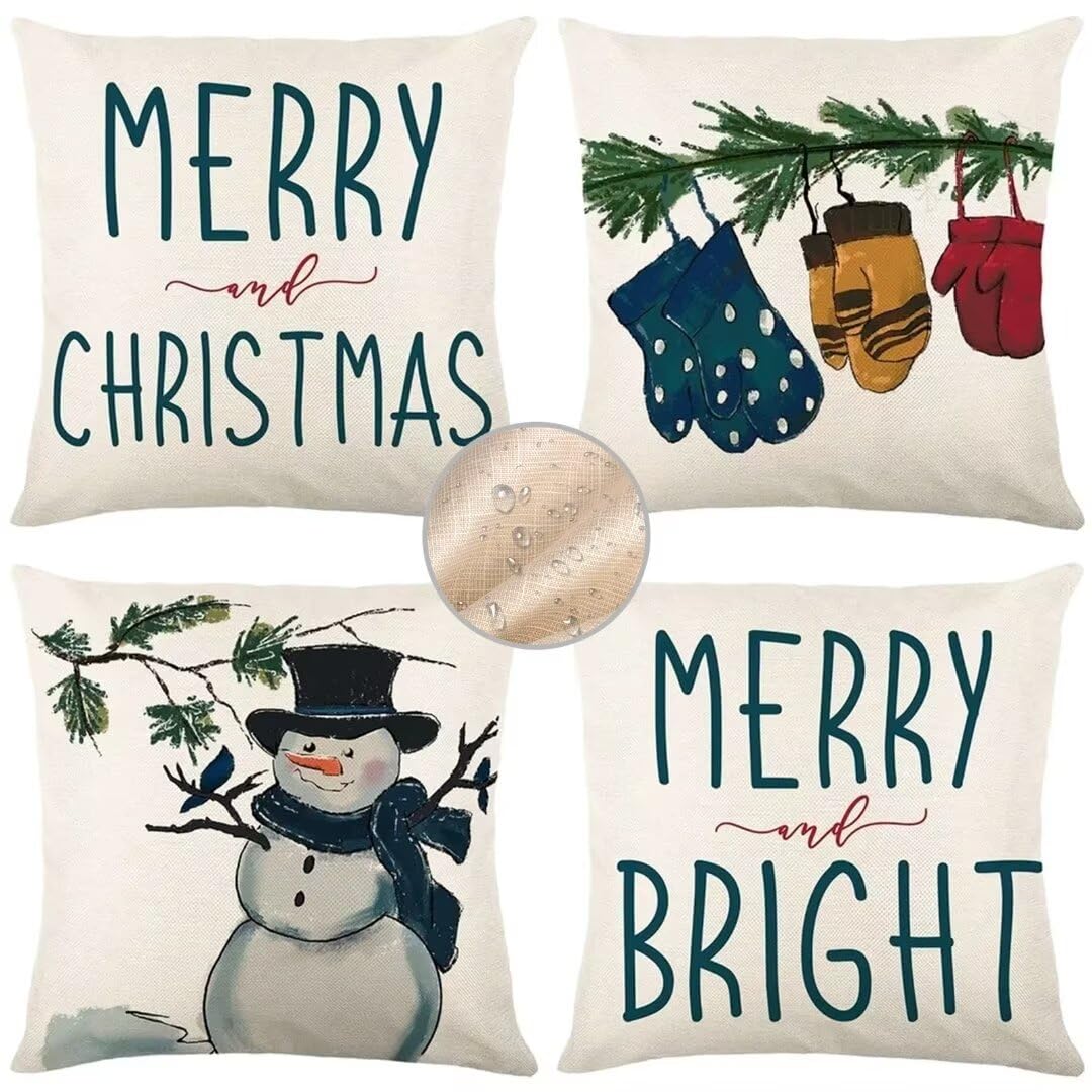 Cojines Sofa Exterior Funda Cojin 50x50 cm Fundas Cojines, Funda de Almohada Cojin Sofa Juego de 4 Fundas de Cojines Impermeable Cojines Decorativos para Jardín Patio Hogar Cama (Azul Navidad) F242
