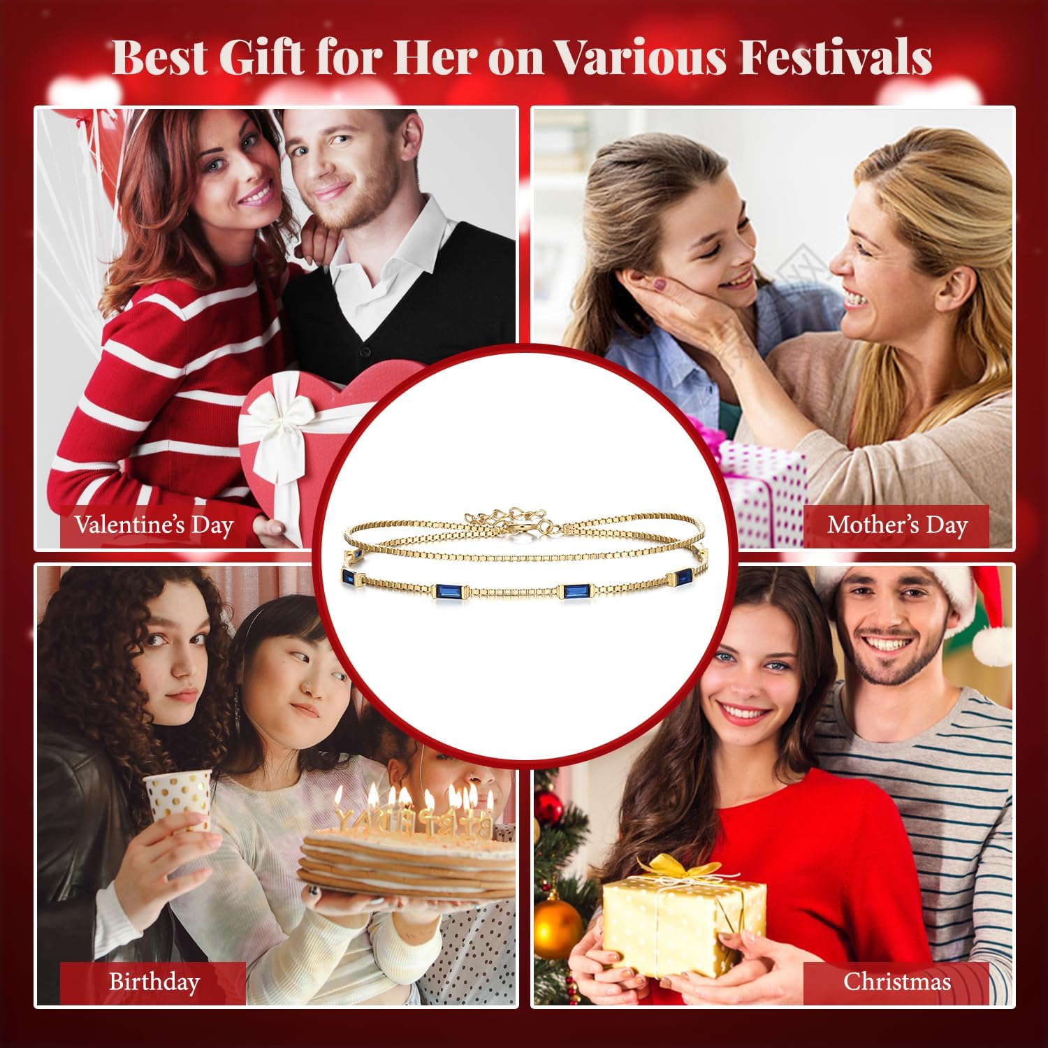 BriLove Dainty Elegant 925 Sterling Silver Cubic Zirconia 2 Layer Birthstone Bracelets for Women,Six Emerald Cut Tennis Bracelet Birthday Prom Gifts Jewelry - Image 6