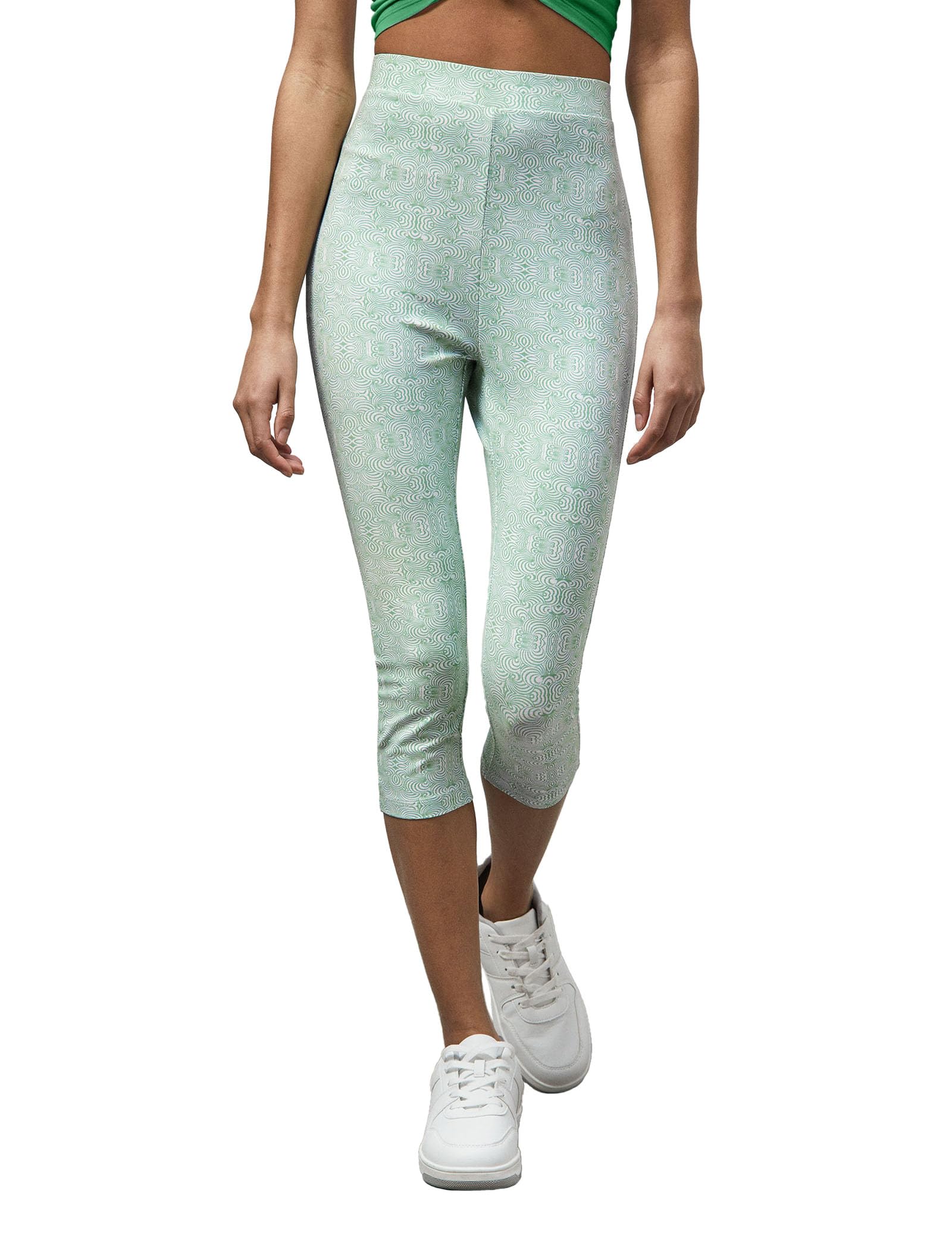 Enorsia Women's Green High-Waisted Bee Print Cropped Leggings No Front Seam Gym & Sports Yoga Pants Breathable Cotton Blend Running & Dance Workout Leggings (Uk, Numeric, 10, Xl, Regular, Regular, )