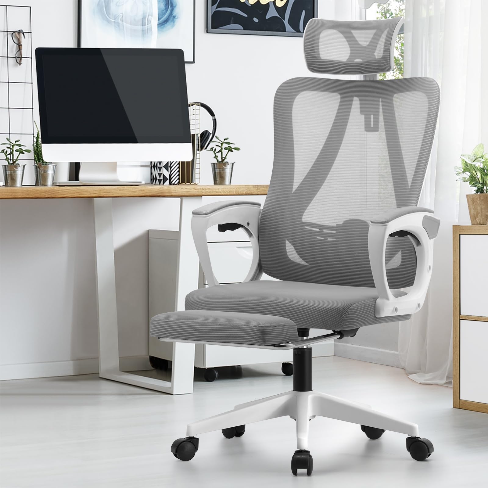 Oikiture Home Ergonomic Office Chair with Footrest Mesh Computer Desk ...