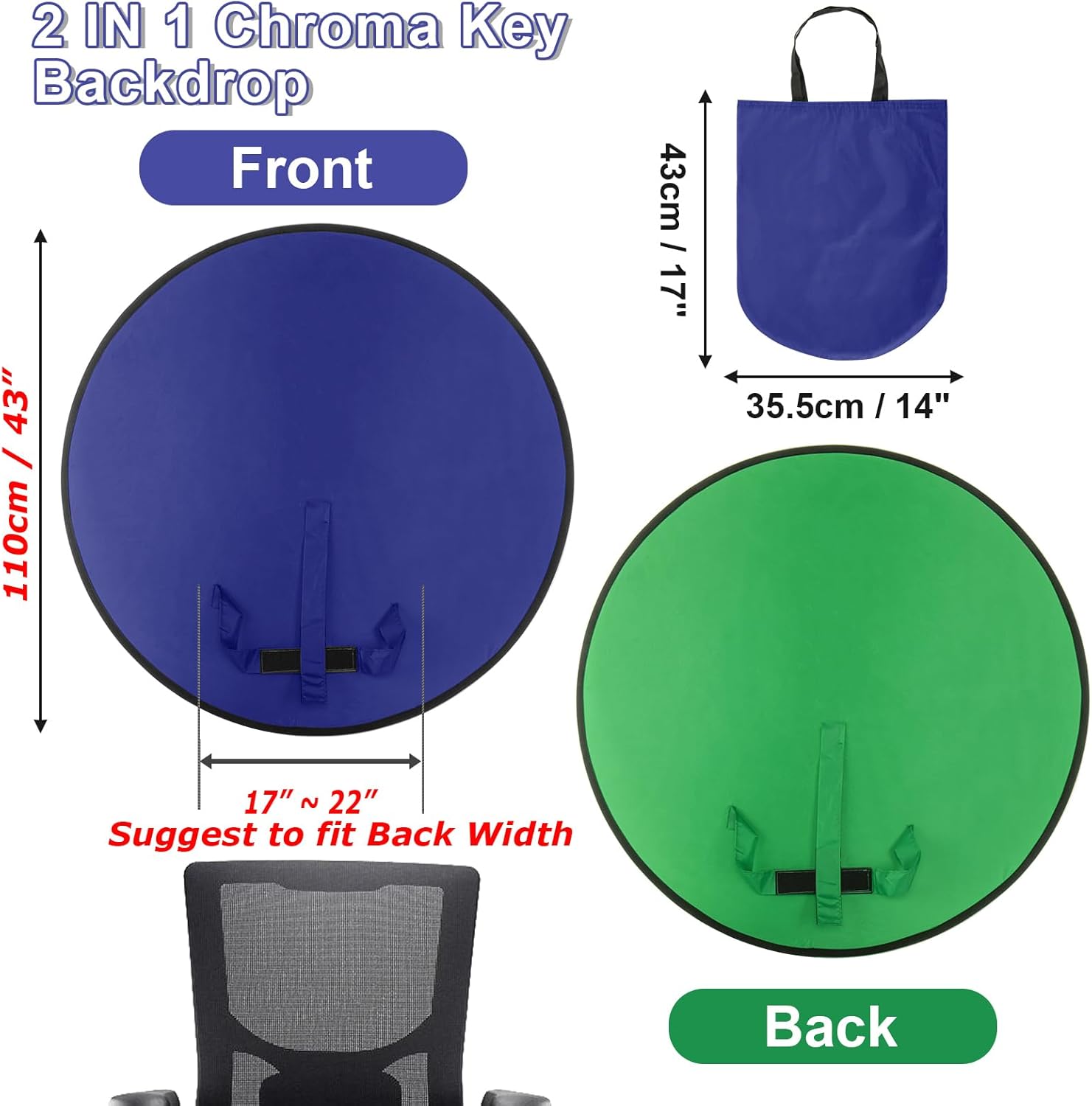 cosmos 1 pc blue screen backdrop 43 in / 110 cm diameter foldable portable photography background green screen chroma key backdrop for photography photo video studio, live streaming, video meeting blue & green (double sides)