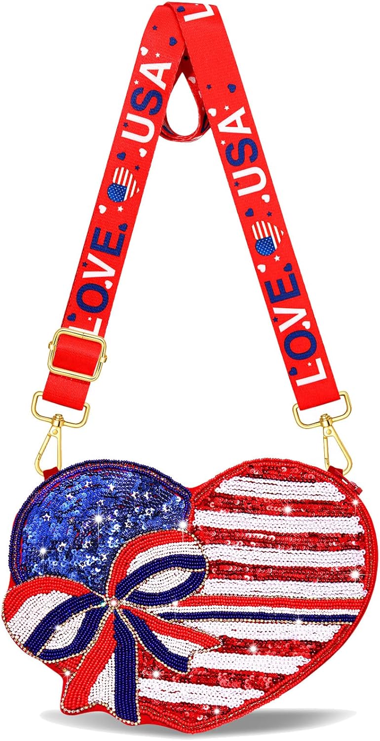4th of July Purse for Women Sequin Beaded USA Star Purse American Flag Crossbody Shoulder Bag 4th of July Outfits