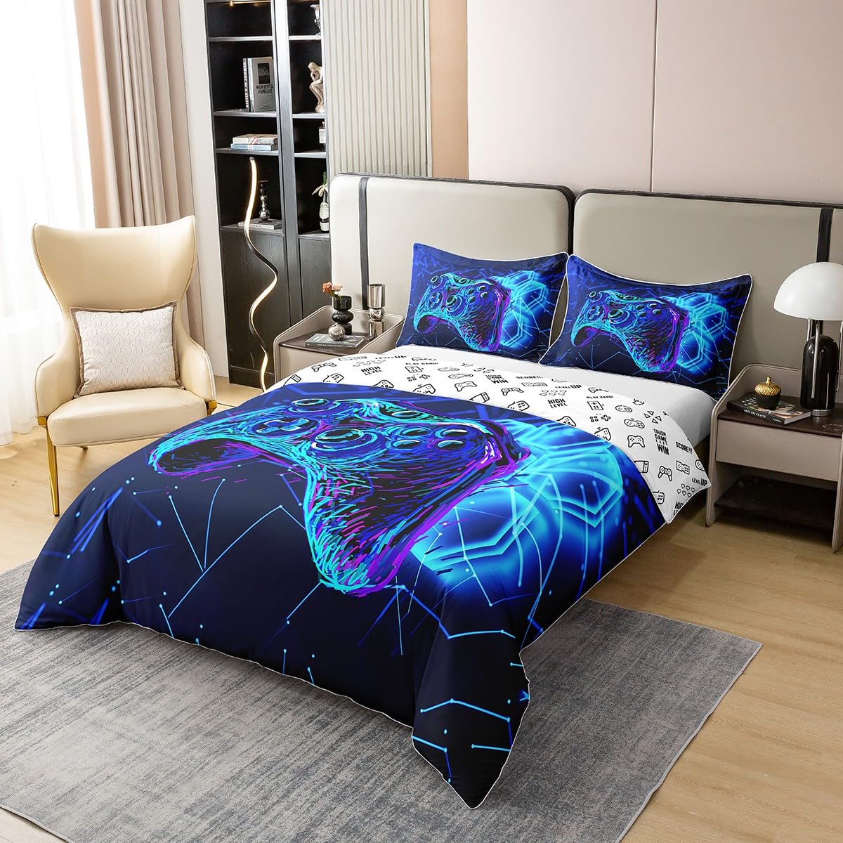 Loussiesd Funda nórdica para niños, diseño de mando de videojuegos azul, decoración moderna para adolescentes y adolescentes, 135 x 200 cm, 100% algodón puro