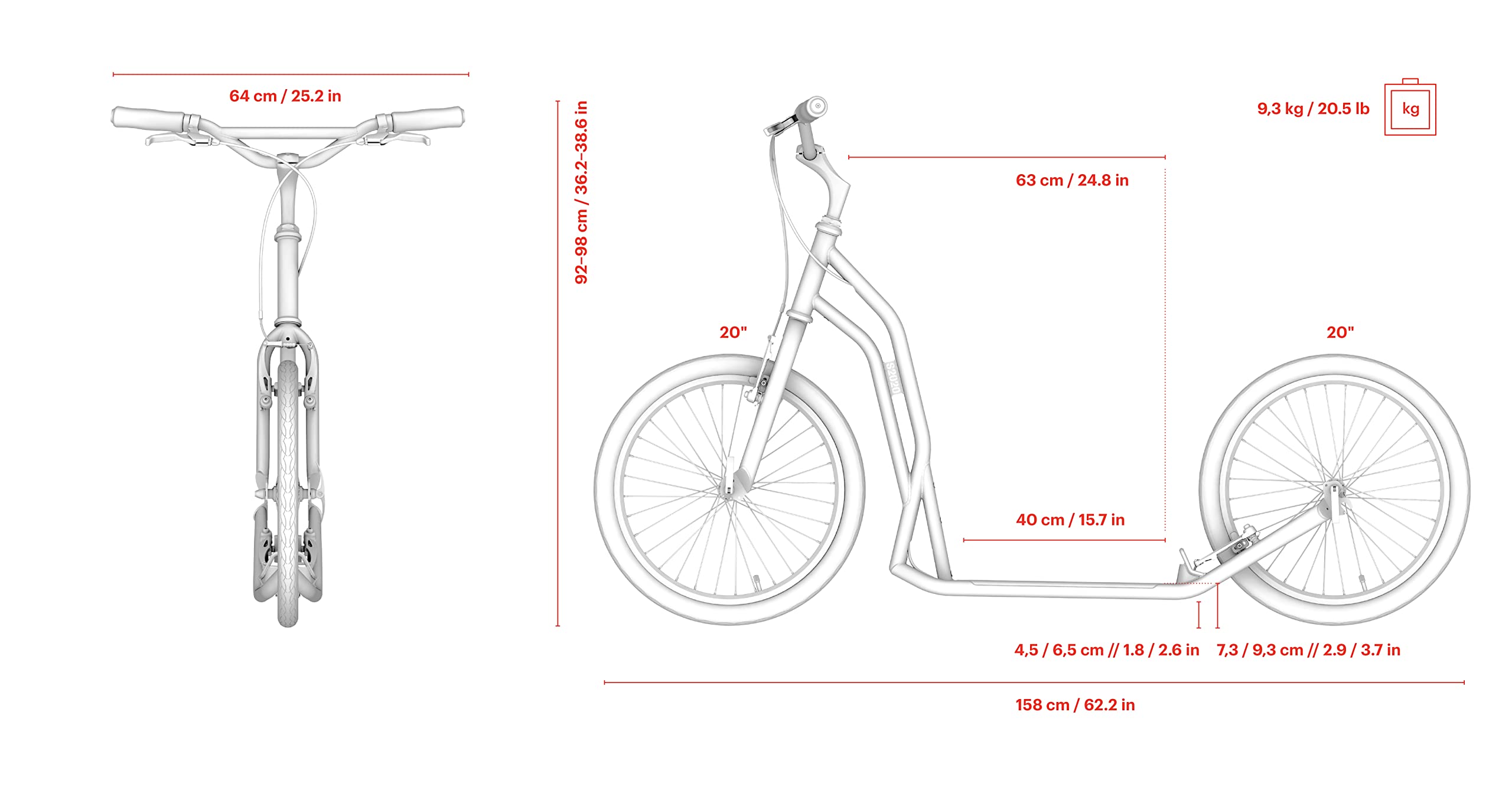 Yedoo S2020 hulajnoga – do 150 kg, hulajnoga z oponami pneumatycznymi 20/20 – hulajnoga dla dorosłych, hulajnoga do dogów