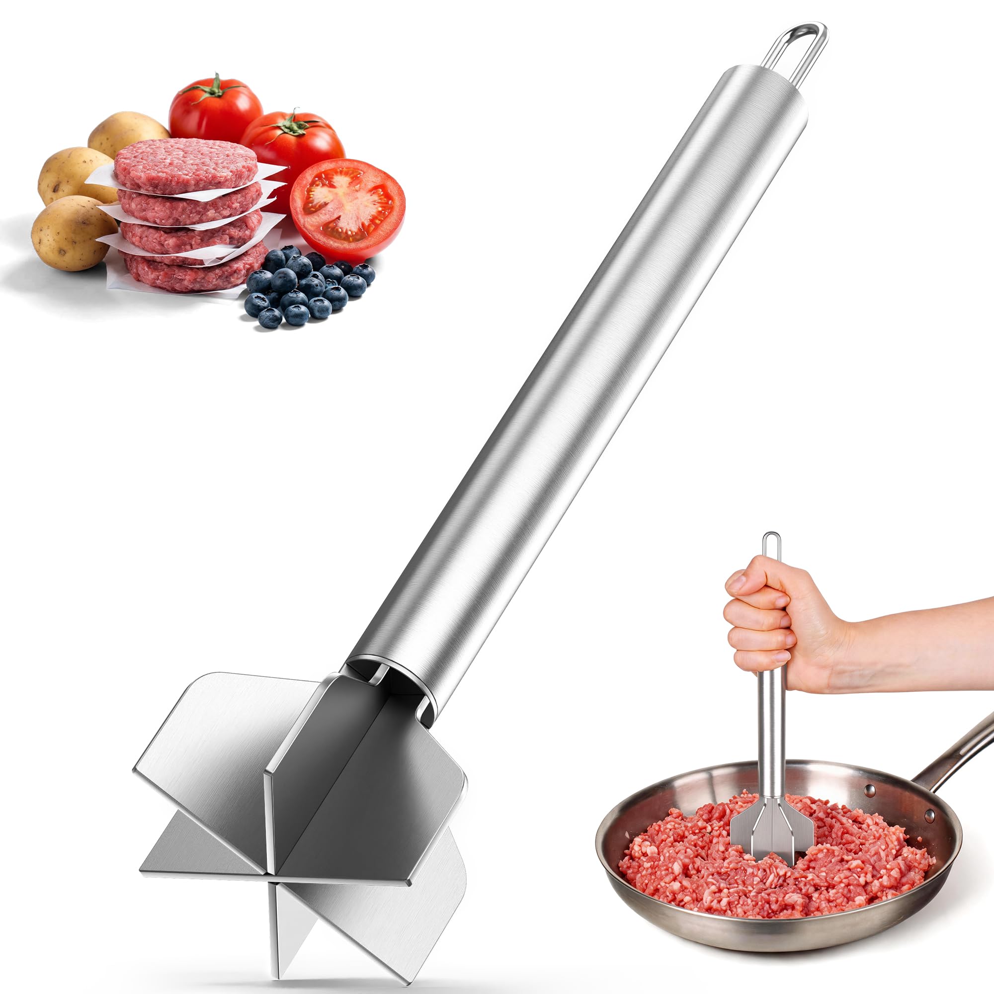 Meat Masher, Stainless Steel 6-Blade Ground Beef Masher with a Brush