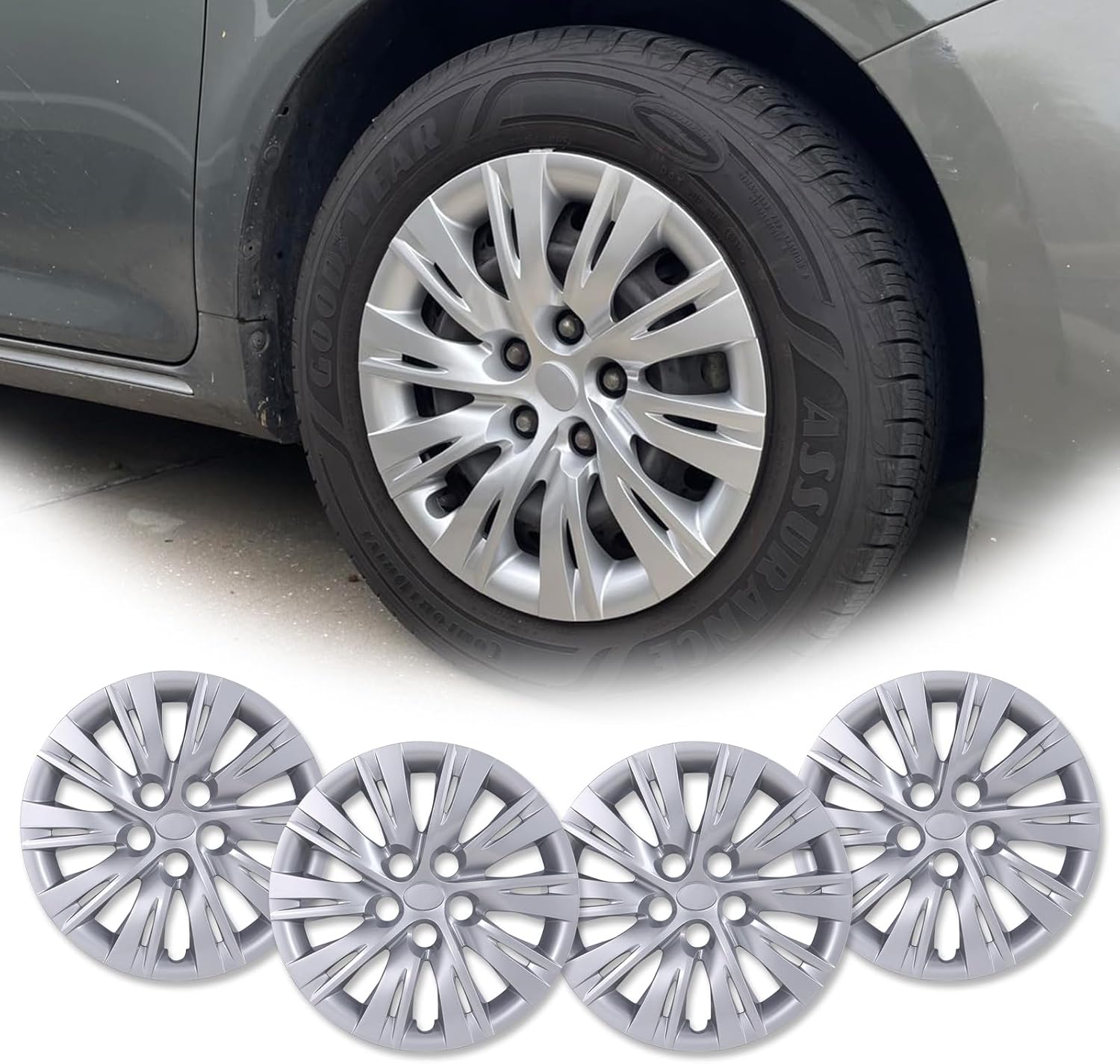 16" Premium Wheel Rim Covers for 2012-2014 Toyota Camry/Camry Hybrid, Set of 4 Hubcaps, ABS&PC Material Hub Protection Accessory,Snap-on Replacement Caps for Car-16 Inch Silver Lacquer