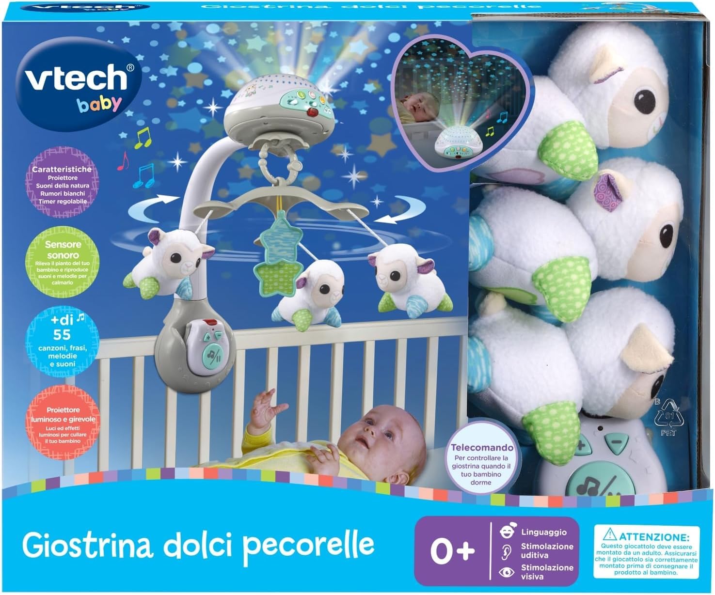VTech Giostrina Dolci Pecorelle Musicale Luce Notturna 0-36 Mesi | 55+ Melodie e Canzoni, Proiettore Girevole, Telecomando, Suoni Natura, Lingua Italiana