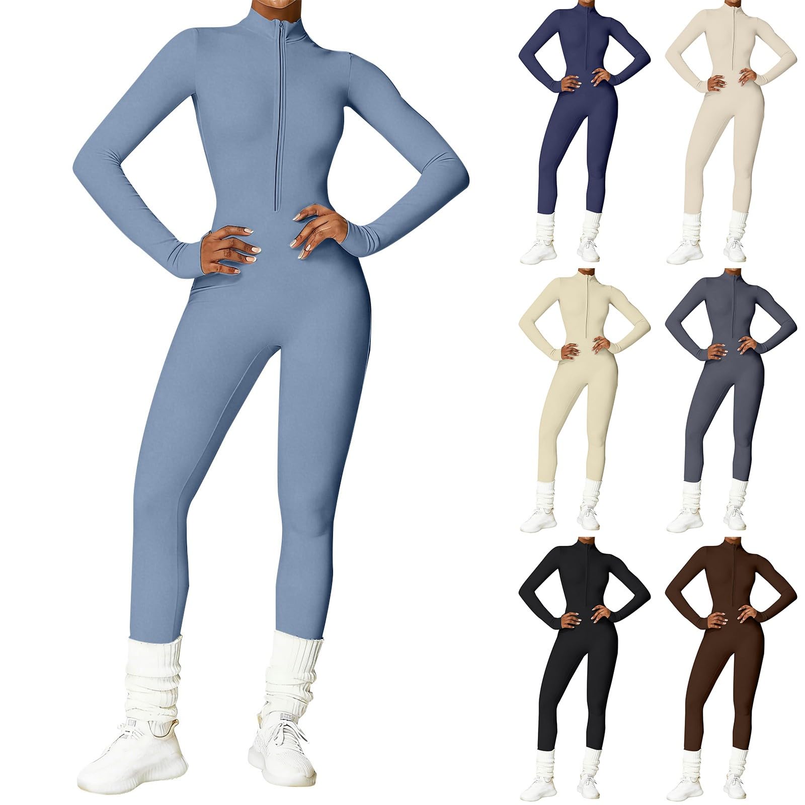 Generisch Tuta sportiva da donna, lunga, per yoga, sexy, aderente | Tutina elastica con cerniera, a maniche lunghe, con scollo a V, senza cuciture, per palestra, fitness, jogging