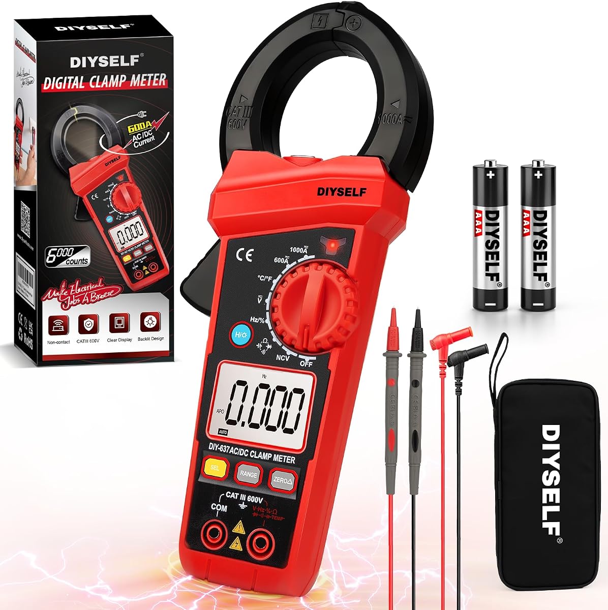 Pinza amperimétrica, multímetro digital de 6000 cuentas, corriente y voltaje CA/CC | Probador profesional de verdadero valor eficaz con rango automático, linterna, retroiluminación, NCV, diodo, capacitancia, resistencia y continuidad