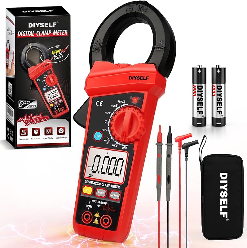 Pinza amperimétrica, multímetro digital de 6000 cuentas, corriente y voltaje CA/CC | Probador profesional de verdadero valor eficaz con rango automático, linterna, retroiluminación, NCV, diodo, capacitancia, resistencia y continuidad