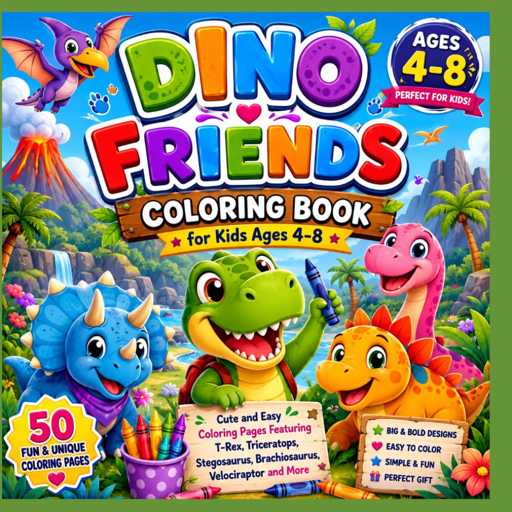 Dino Friends: Coloring Book for Kids Ages 4-8: Cute and Easy Coloring Pages Featuring T-Rex, Triceratops, Stegosaurus, Brachiosaurus, Velociraptor and More