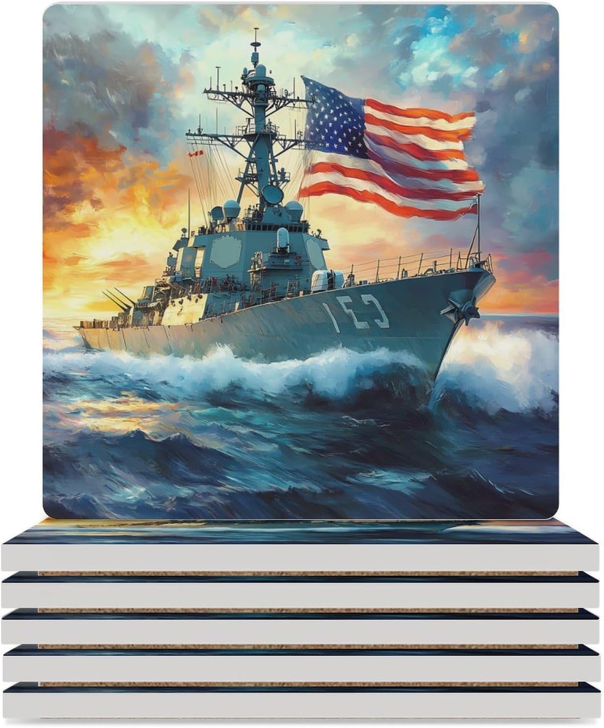 U.S Flag Warship Navy Battleship Ceramic Coasters Square Drinks Coaster Coffee Table Decor Table Coaster for Home Bar