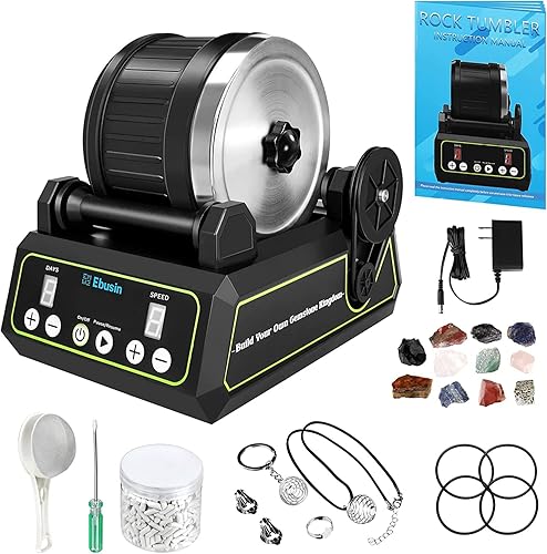 Ebusin Professional Rock Tumbler Kit, 2023 Upgraded Quiet Rotary Rock Polisher, 2.5lbs Rubber Barrel, 3-Speed Motor, 9-Day Timer, 8 Polishing Grits, disponible en Yaxa Colombia