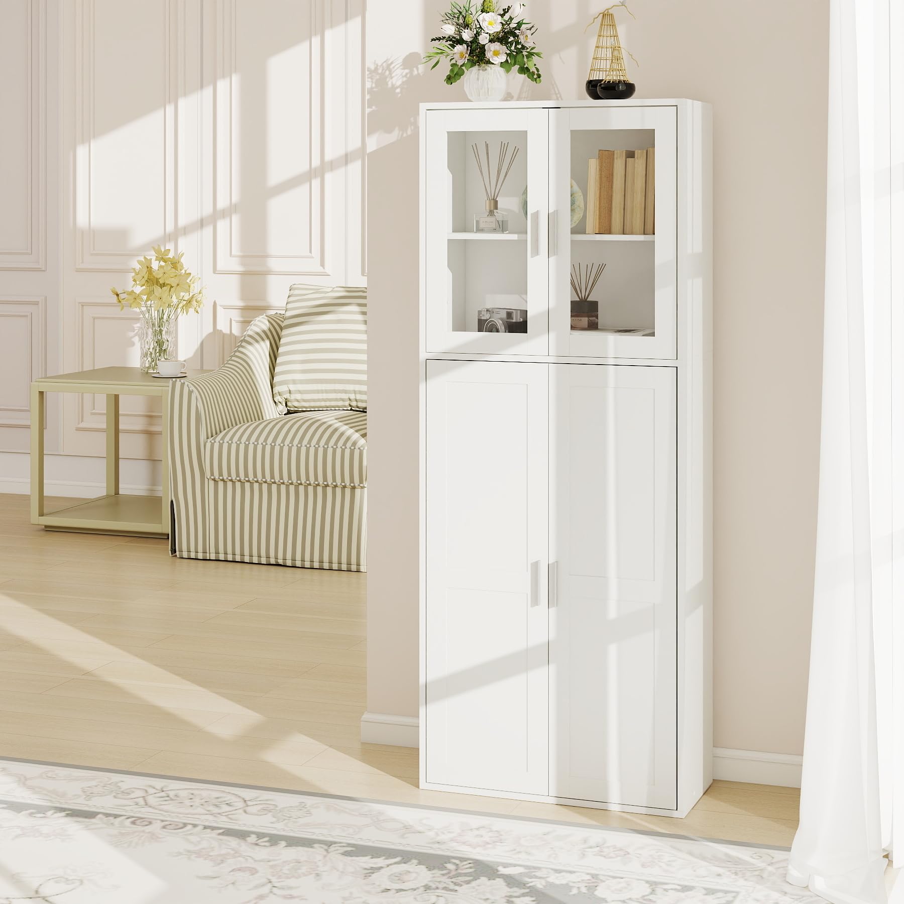 1 Pieza Armario de Cocina, Armario Escobero Exterior para Escobas Aparador Alto Estante con Puertas y Estante Ajustable Armarios para Baño/Cocina/Sala de Estar/Comedor/Pasillo/Blanco/65×30×165CM