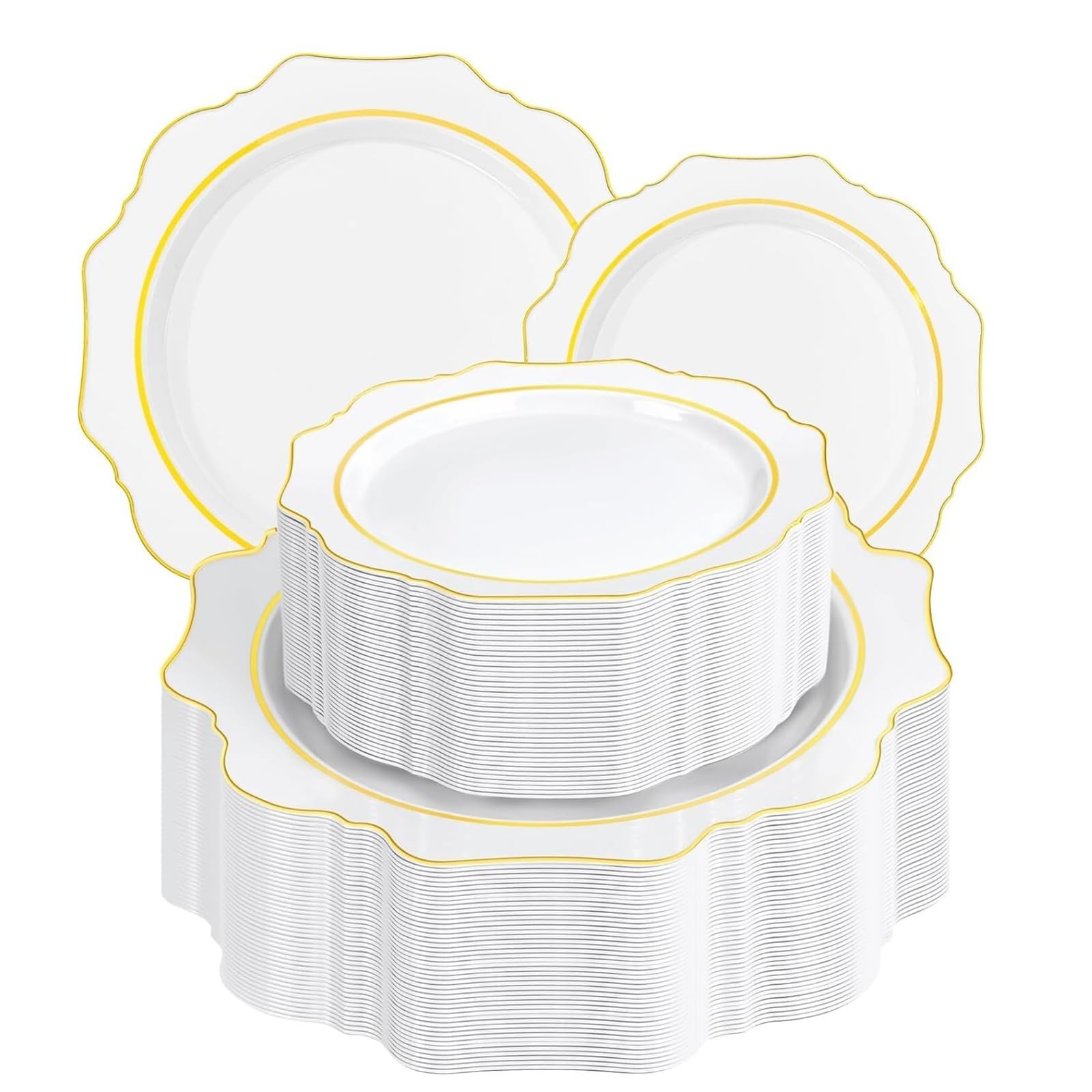 Ivory Gold Rim Plates - 200 Disposable Plates for Parties -21