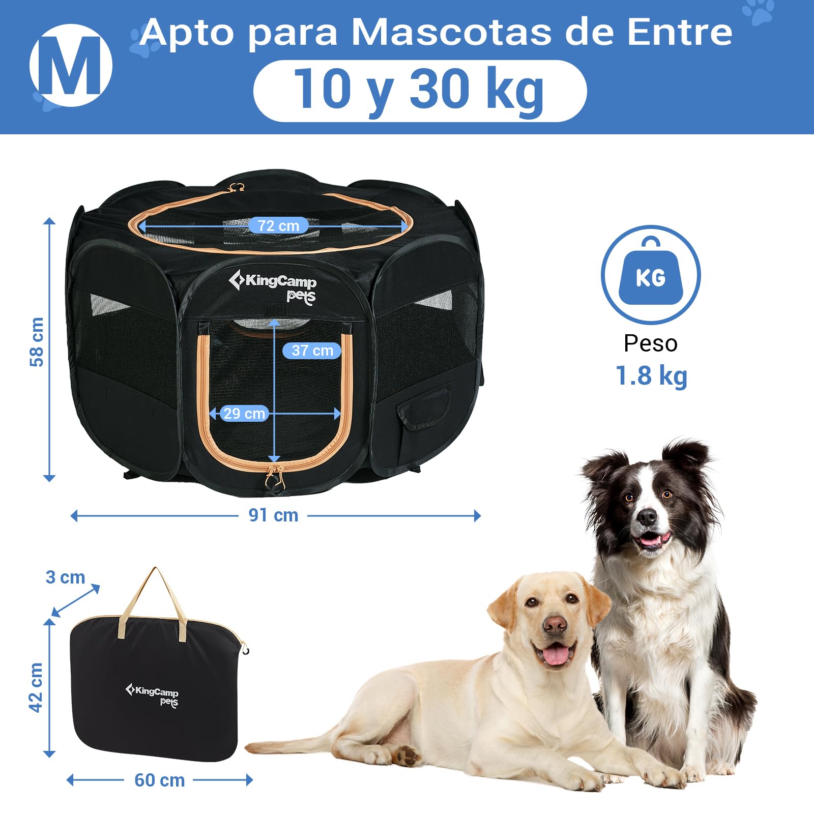 KingCamp Parque para Perros 91 x 91 x 58 cm, Parque Plegable para Mascotas con Ventanas de Malla, Portátil Parque para Gatos Cachorro Conejo Exterior Interior, Jaula Perros de Tela Oxford, Negro M