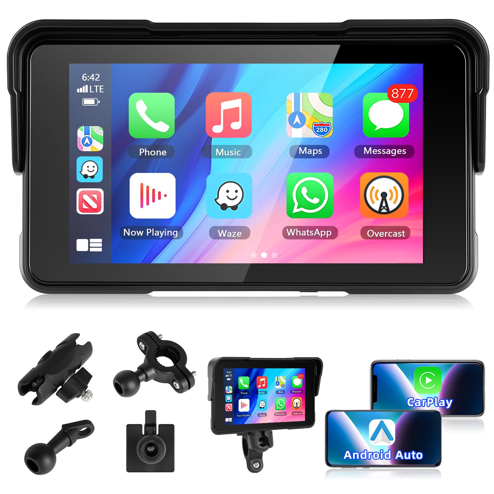 Schermo Carplay per Moto con Senza Fili CarPlay e Android Auto, Motorsi 5 Pollici Impermeabile Touchscreen, Doppio Bluetooth, Navigazione GPS, Siri/G00gle Assistente, Plug-and-Play