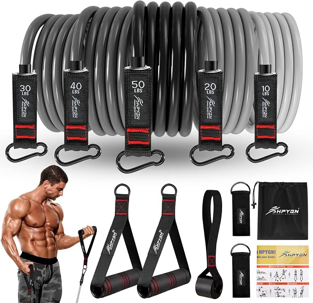 HPYGN 150lb/200lb/250lb Resistance Bands Set, Exercise Bands with Handles, Ankle Straps, Door Anchor, Carry Bag, Great for Resistance Training, Physical Therapy, Yoga, Home Workouts