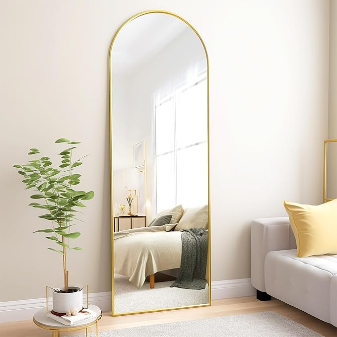 Fabuday Arched Full Length Mirror with Stand - 64"x21" Gold Mirrors Floor Length for Bedroom, Living Room, Large Arch Body Mirror Standing, Full Sized Framed, Leaning, Hanging and Wall Mounted