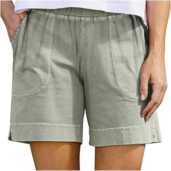 Cotton Shorts for Women Casual 7 Inch Inseam Shorts Summer Elastic Waist Short Vacation Beach Outfits with Pockets