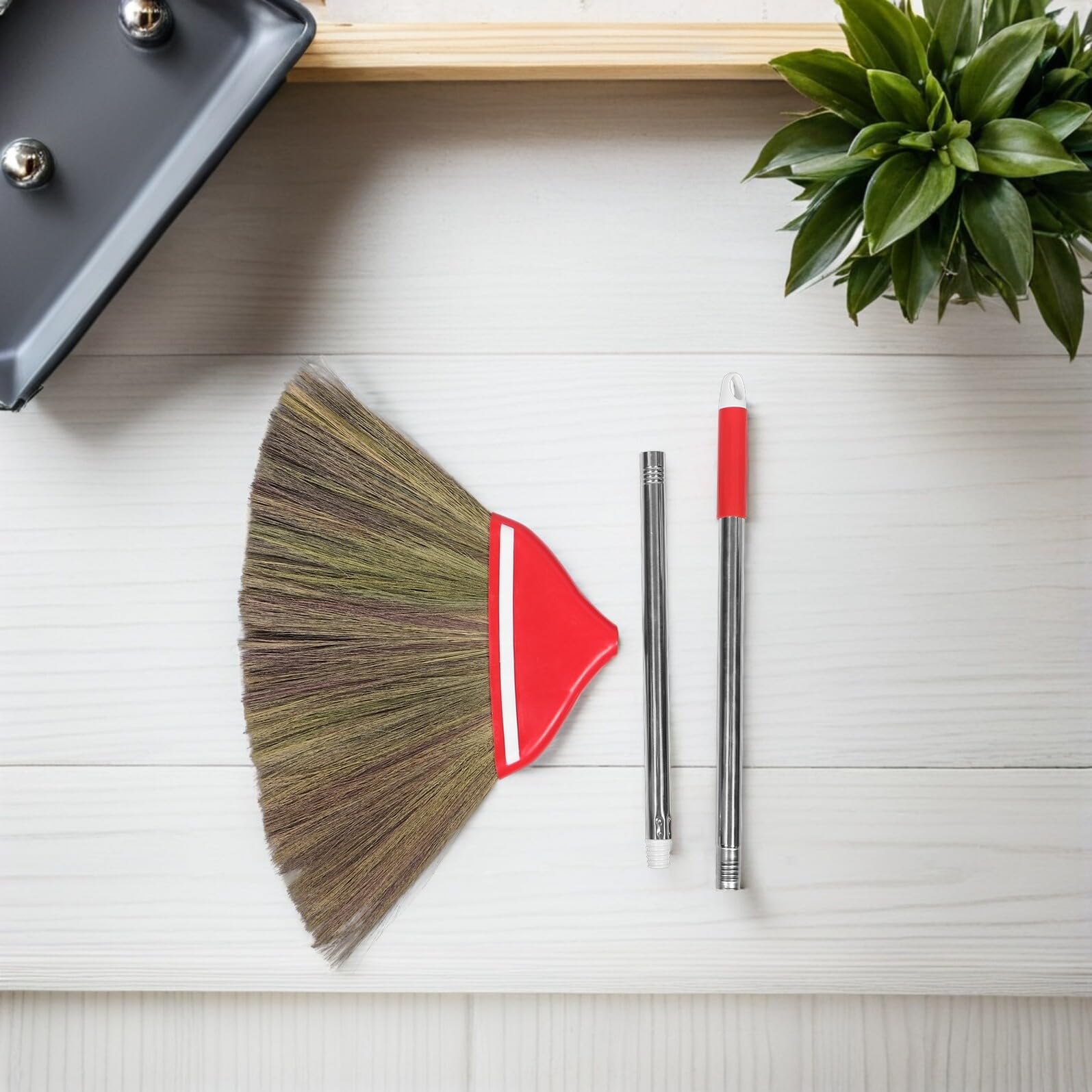 Escoba de Mano Tejida a Mano de Césped Natural Mango Doble de 106 CM Color Rojo Escoba para Barrer Interiores y Exteriores Adecuado para Cocina Patio y Suelos Delicados