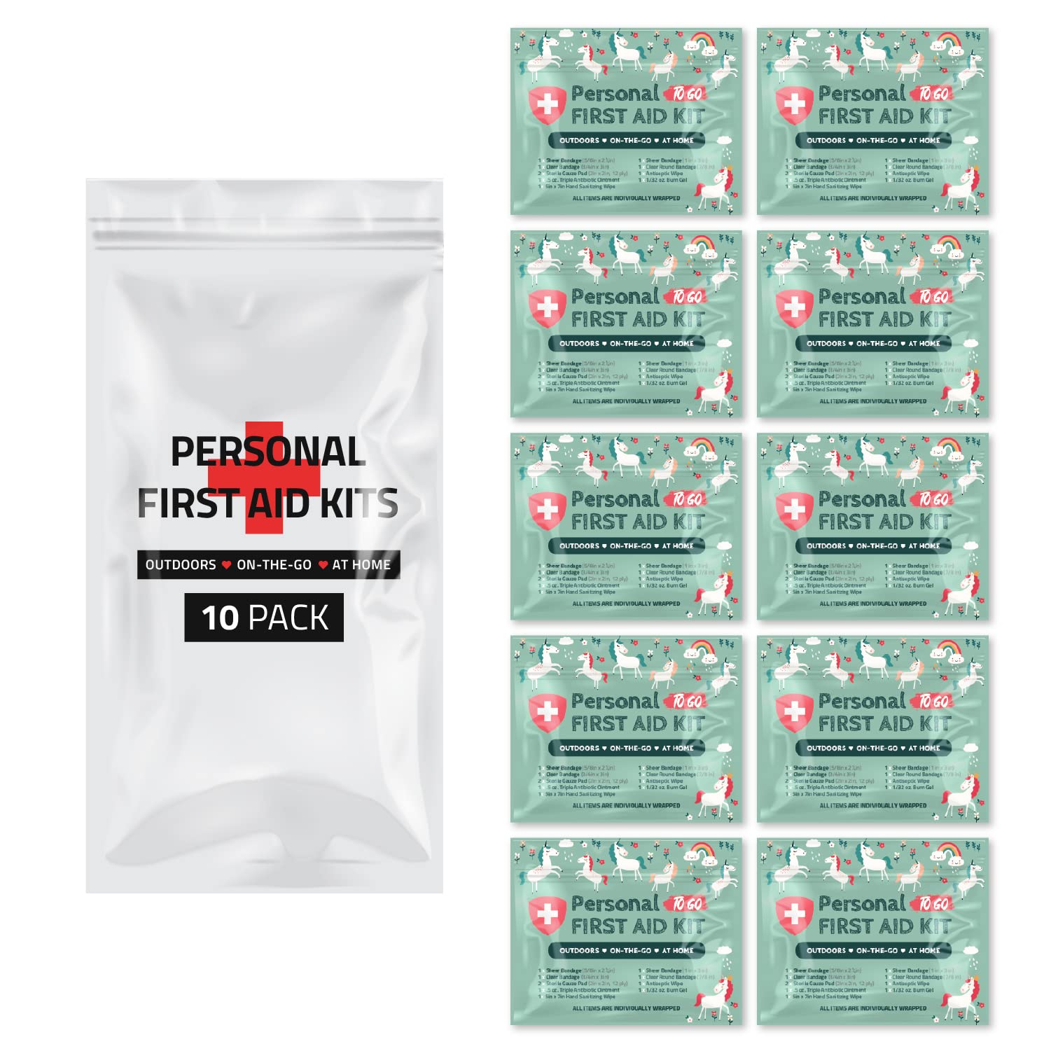 First Aid Emergency Medical Kit Mini and Travel Size - 10 Pack | Great for Kids, Schools, Business, Hiking, Camping | Wound Care Products (Unicorns)