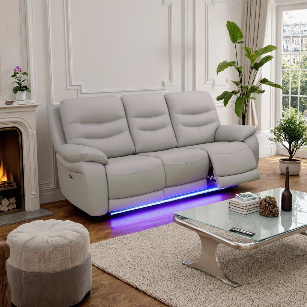 Power Recliner Sofa Set with LED Lights,Air Leather Reclining Sofa with Charge Port/Storage Console/Cup Holder for Living Room/Office/Home Theater (Grey, Air Leather, 3-PC Set)