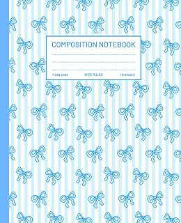 Coquette Composition Notebook: Preppy Aesthetic Blue Bows with Stripes Wide Ruled Journal | Super Cute School Supplies for Teen Girls, Kids, Women | 110 Pages, 7.5 x 9.25".