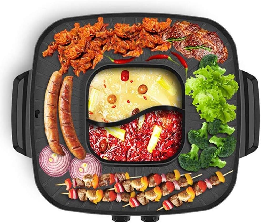 Electric Hot Pot Grill Indoor Korean BBQ,Separate Temperature Control,Capacity for 4-5