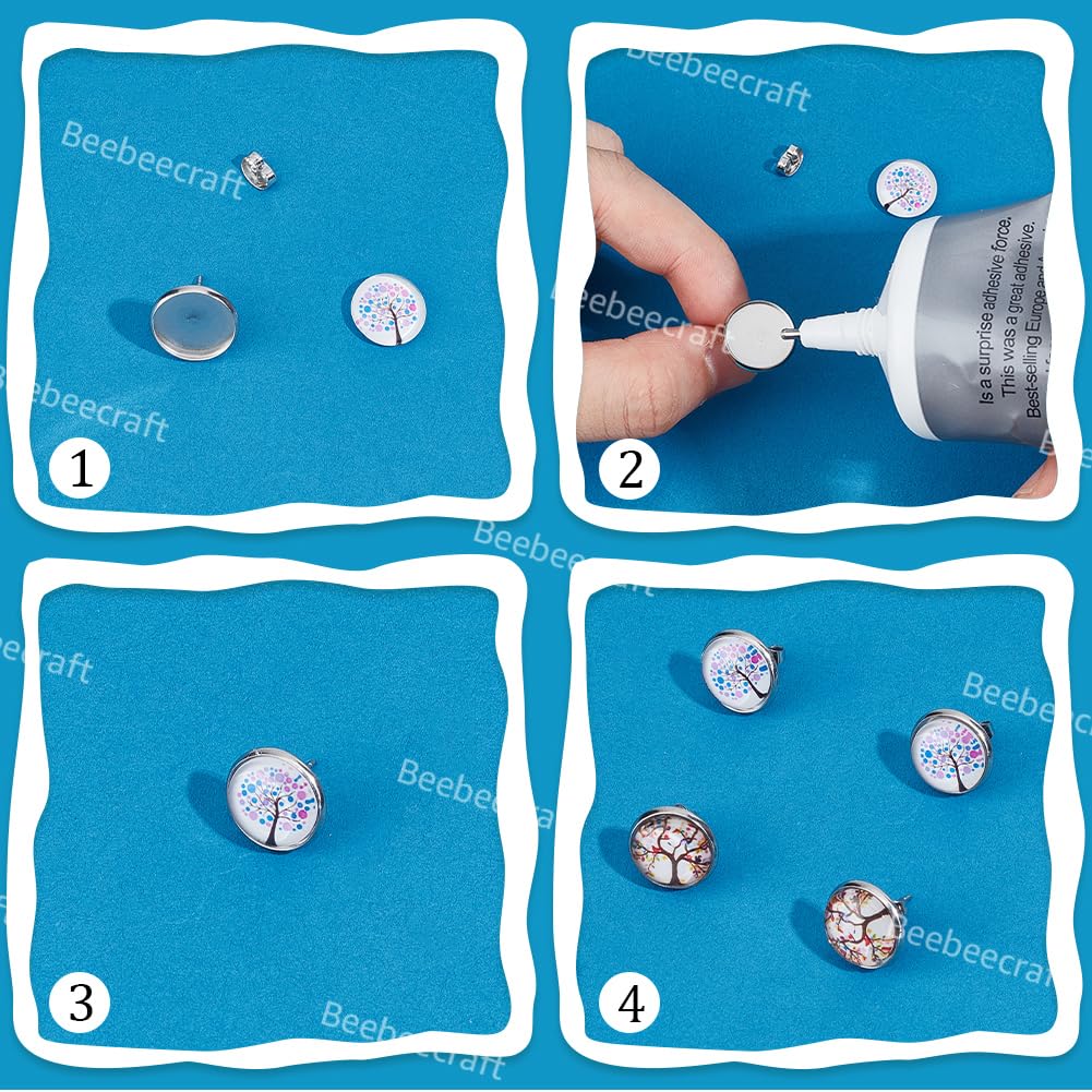 Beebeecraft 1 caja, 50 uds., Pendiente de 12mm, Ajuste de Cabujón, 316 bisel Redondo de Acero Inoxidable Quirúrgico, Pendiente de Tuerca En Blanco para Fabricación de Joyas DIY