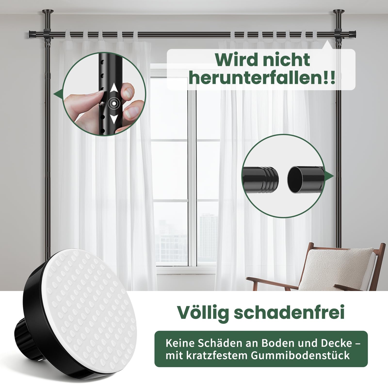 JILRON Barra de cortina sin agujeros, separador de espacios, barra de cortina de techo ajustable (H110-300 × B183-508 cm) para salón, apartamento de alquiler, negro