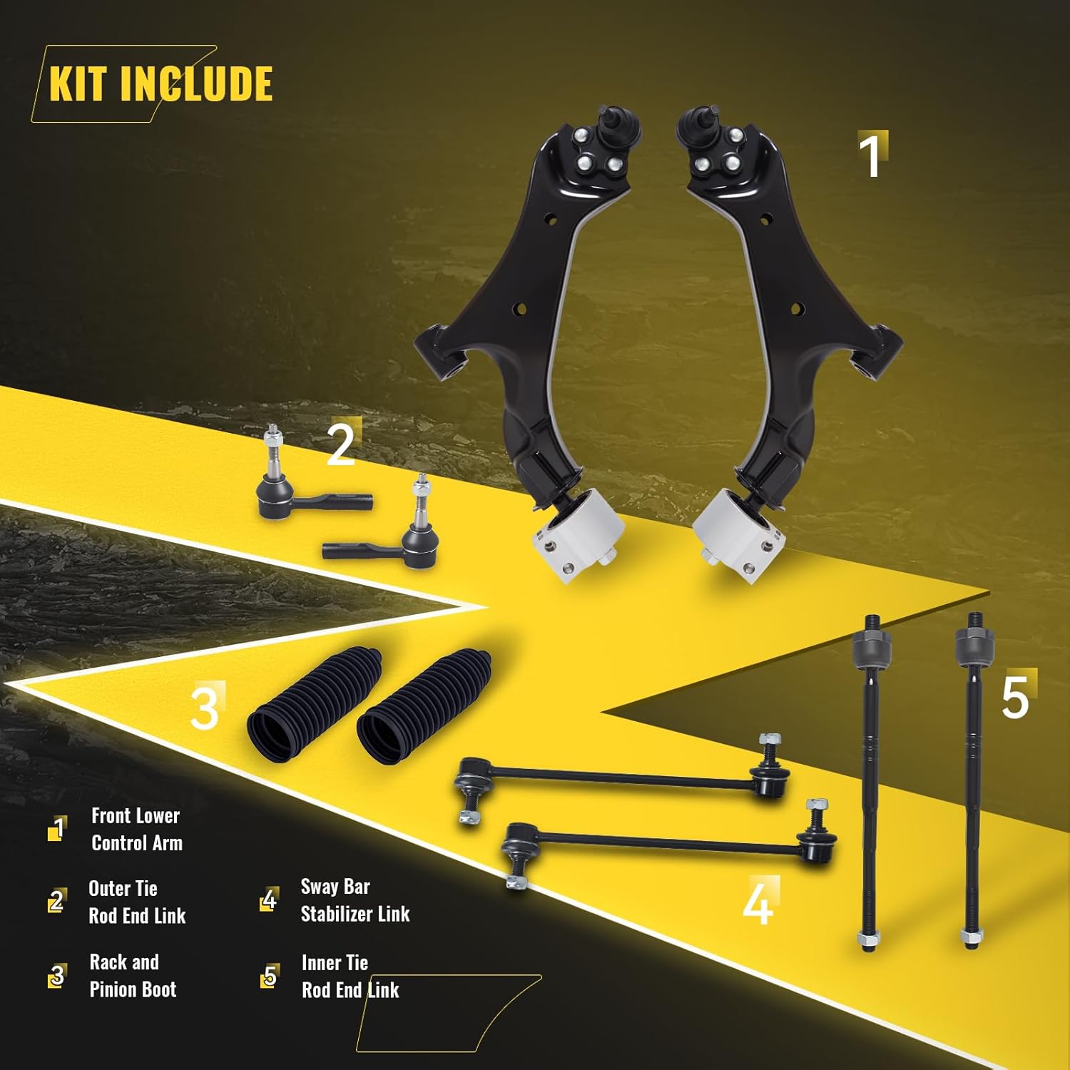TUCAREST 10Pcs Suspension Kit Fit For 10-17 Chevy Equinox, G-MC Terrain w/2.4L, 2 Front Lower Control Arm w/Ball joint + 4 Outer Inner Tie Rod + Sway Bar + Boots [# 524-157 524-158 K750188 EV800648]