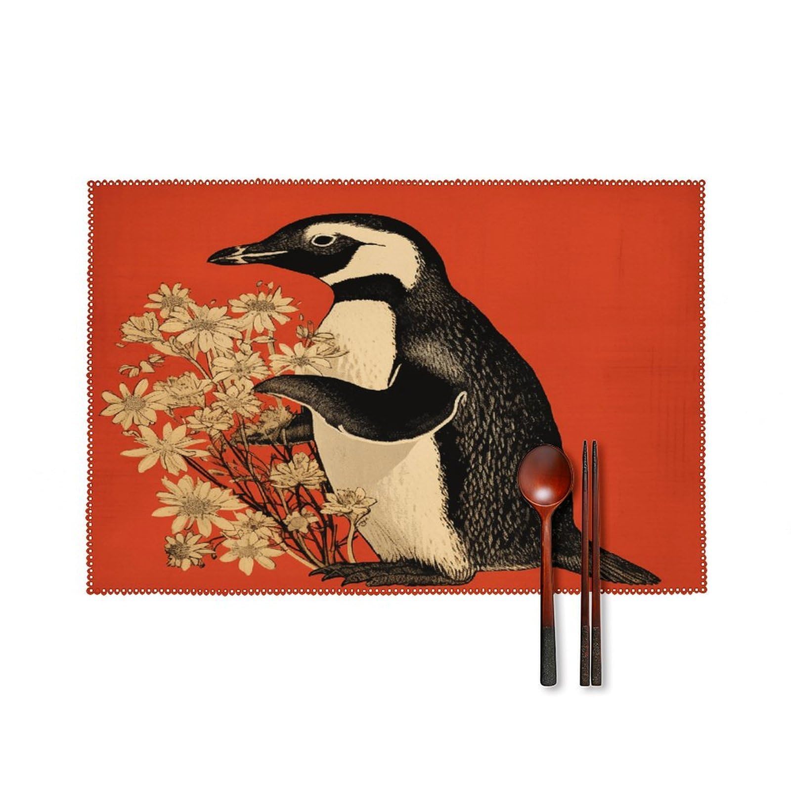 Penguin Holding Flower Placemats Set of 4 Heat Resistant Non-Slip Place Mats Wipeable Easy to Clean Table Mats for Kitchen Dining Party Outdoor Placemats