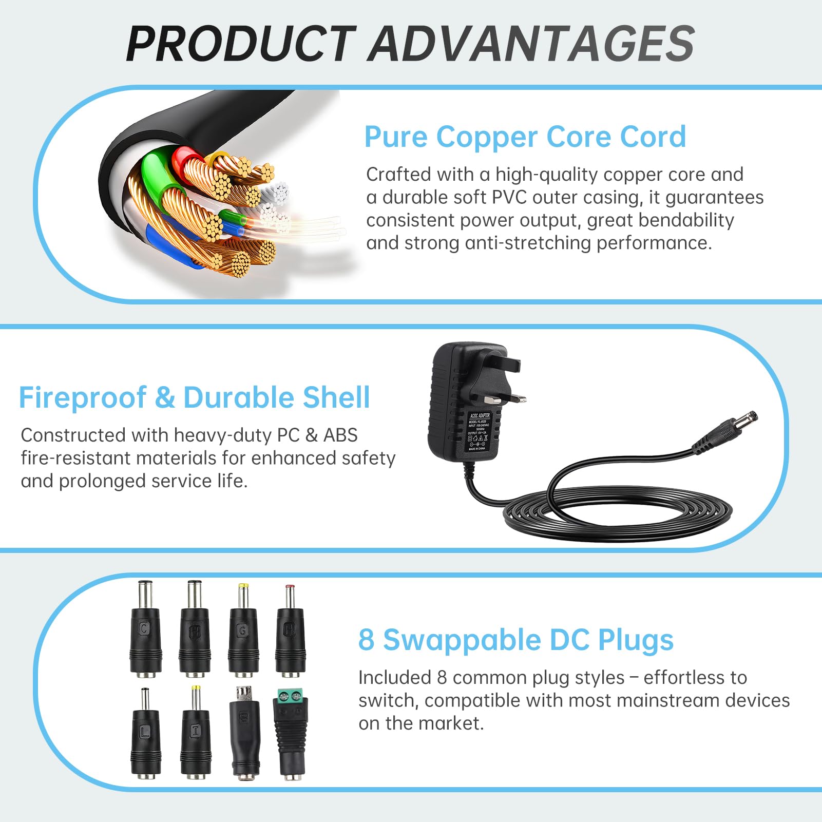 5V 2A Power Adapter Universal Power Supply Replacement, AC to DC 5v Adaptor with 8 DC Plugs,AC Adapter 100-240V 50 60Hz, 5 V Charger Adaptor for LED Strip, Router, TV Box, Audio, Speaker,Wall Charger — view 4