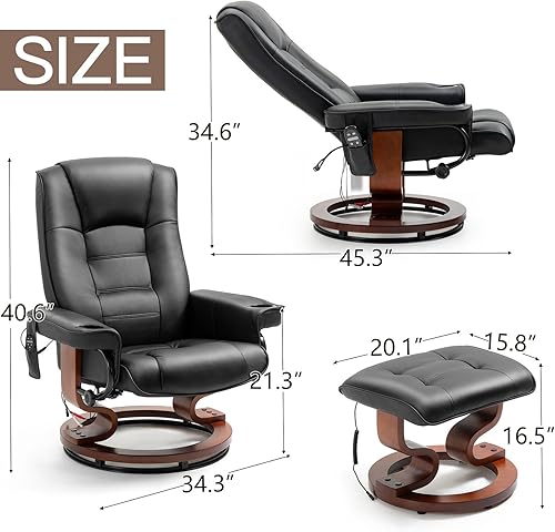 Miniatura 2 de AVAWING Silla reclinable con masaje por vibración, reclinable, de piel sintética, con otomana, giratoria, de madera, para sala de estar, color negro