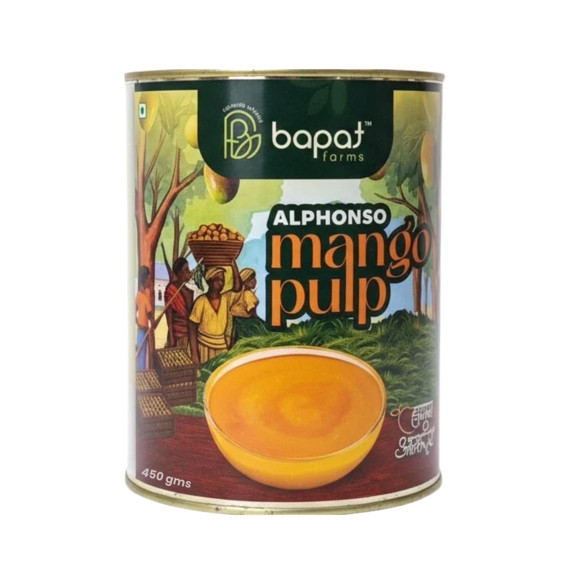Bapat Farms Pure Alphonso Mango Pulp (Hapus), Authentic Konkan Origin, Rich & Creamy Aamras, Sweetened, 450g Tin
