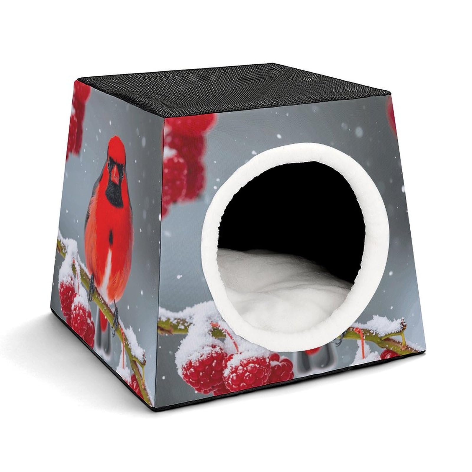 Capsule d'espace chaude pour chats et chiens sur fond de neige et canneberries