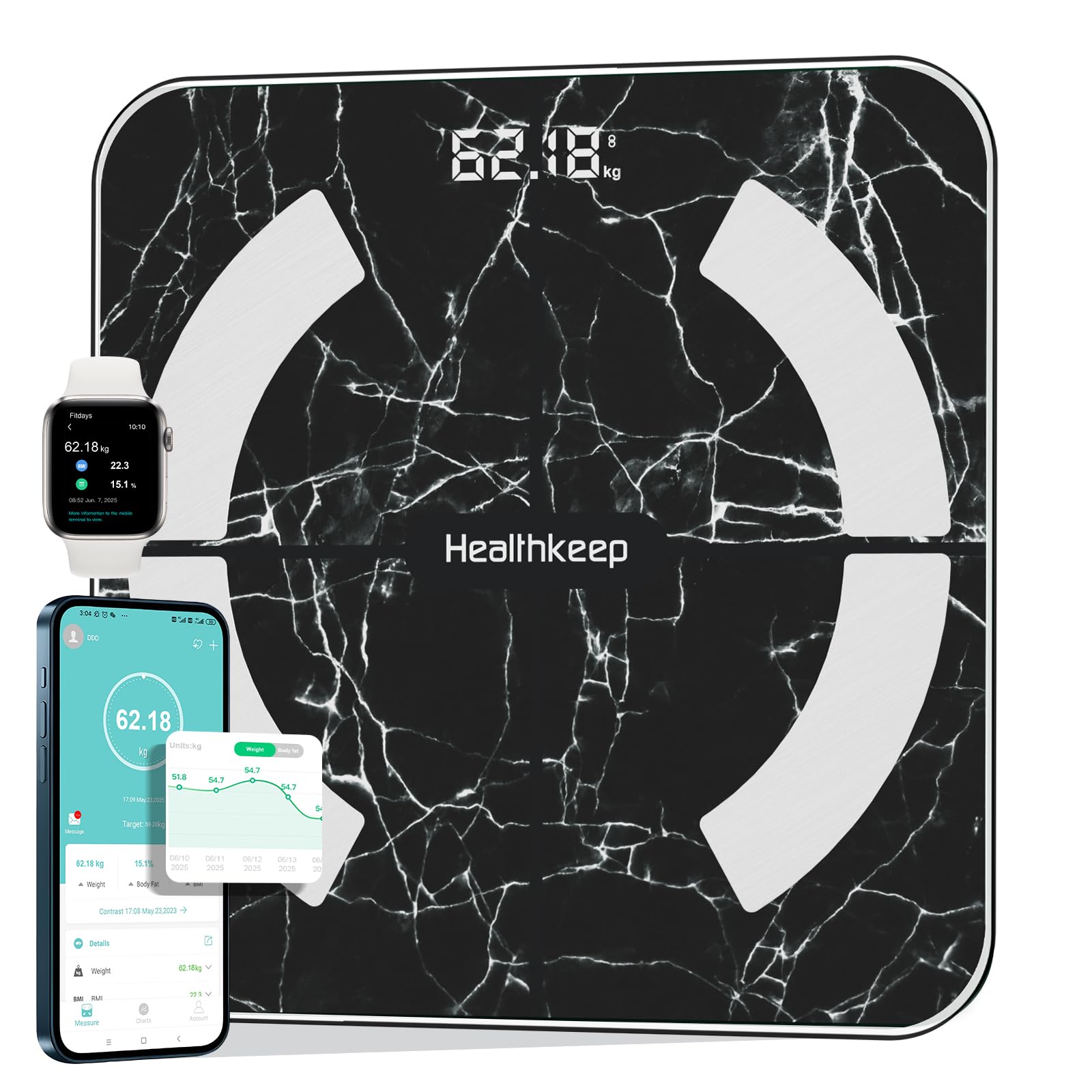 Waga osobowa, Healthkeep Balance Impedancjometr Bluetooth Połączona waga o wysokiej dokładności z aplikacją 13 wskaźników dla Andriod i iOS Max 180kg/400 lb/28st, 28 x 28 cm - czarny marmur