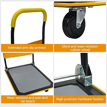 Moving Platform Hand Truck 660LB. Foldable Push Cart Dolly with 360 Degree Swivel Wheels.Large Size Dolly Cart for Easy Storage.Heavy Duty Rolling Tool Cart.Collapsible Flatbed Cart (Yellow, 660LB-II)