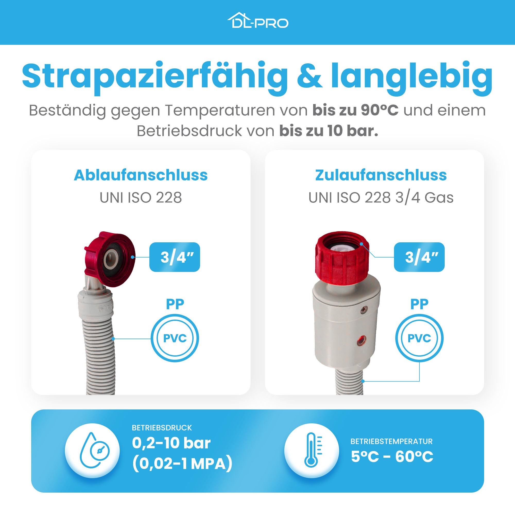 DL-pro Universal Zulaufschlauch 4m 3/4 Zoll Aquastop Schlauch gerade/gewinkelt Sicherheitsschlauch für Waschmaschine Spülmaschine Geschirrspüler 90°C 10 Bar