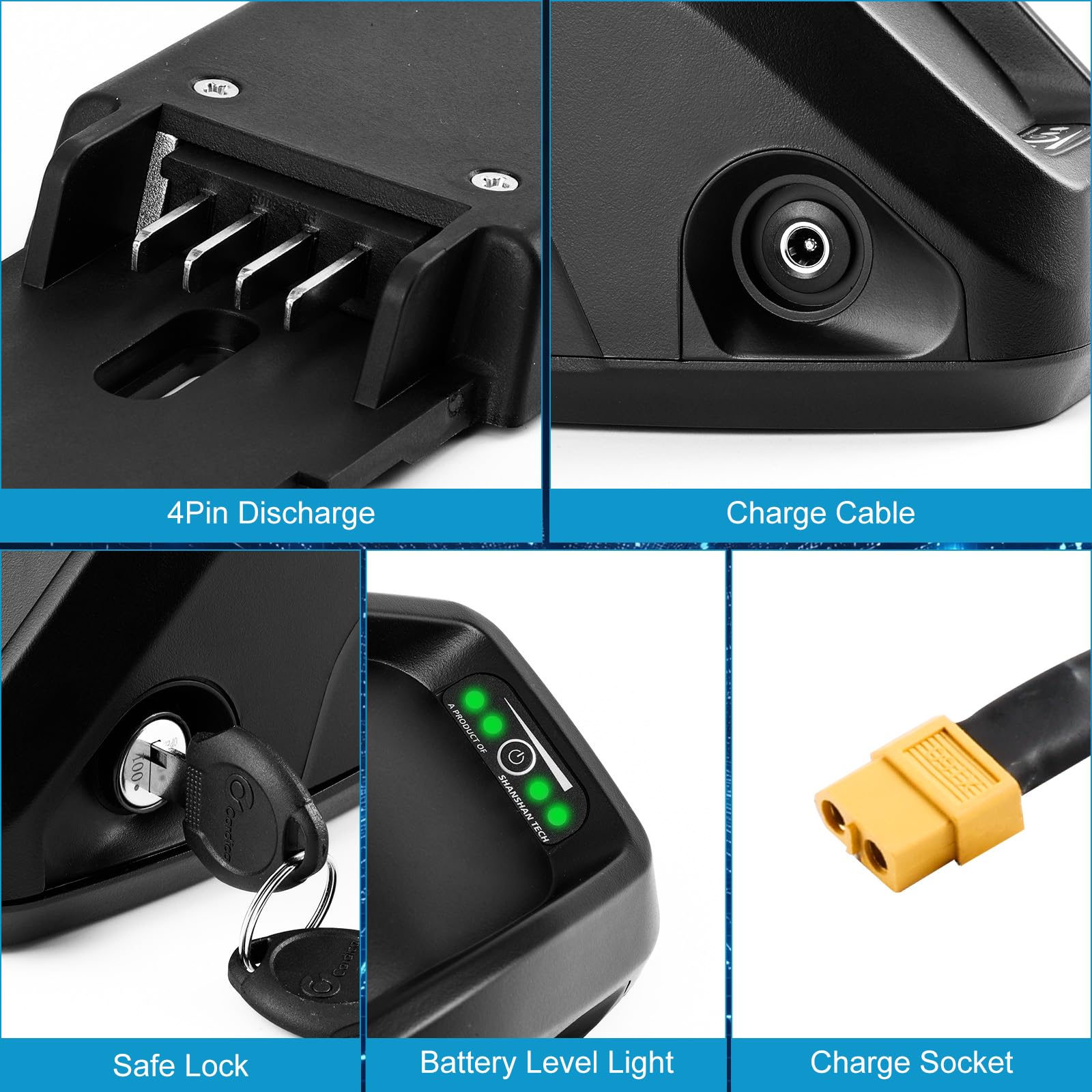 36V 13AH Batería Bicicleta Eléctrica con Cargador, Batería Ebike Bateríe Hailong con 4 Pin Placa Base para 36V Motor
