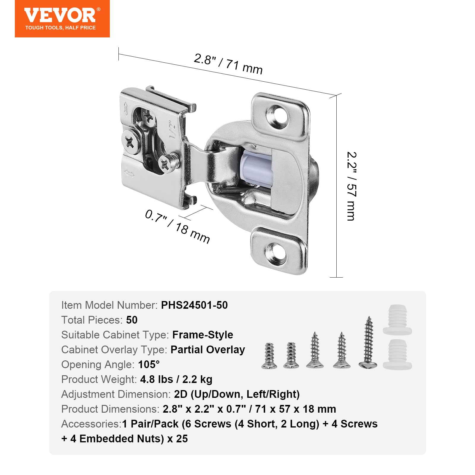 VEVOR Bisagras para Gabinetes, 50 uds, con Superposición Parcial, Bisagras Ocultas de Cierre Suave con Ángulo de Apertura 105 Grados para Gabinetes con Marco, con Tornillos de Montaje, 71 x 57 x 18 mm